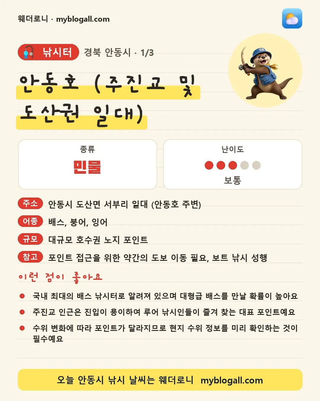 안동시 낚시터 · 안동호 (주진교 및 도산권 일대) — 민물 · 난이도 3/5 — 국내 최대의 배스 낚시터로 알려져 있으며 대형급 배스를 만날 확률이 높아요 — 주진교 인근은 진입이 용이하여 루어 낚시인들이 즐겨 찾는 대표 포인트예요