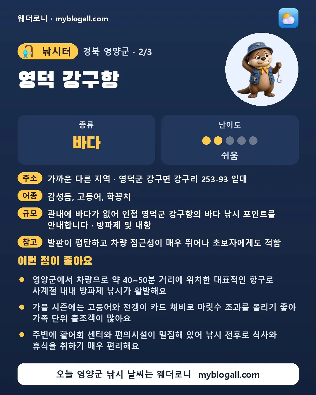 영양군 낚시터 · 영덕 강구항 — 바다 · 난이도 2/5 — 영양군에서 차량으로 약 40~50분 거리에 위치한 대표적인 항구로 사계절 내내 방파제 낚시가 활발해요 — 가을 시즌에는 고등어와 전갱이 카드 채비로 마릿수 조과를 올리기 좋아 가족 단위 출조객이 많아요