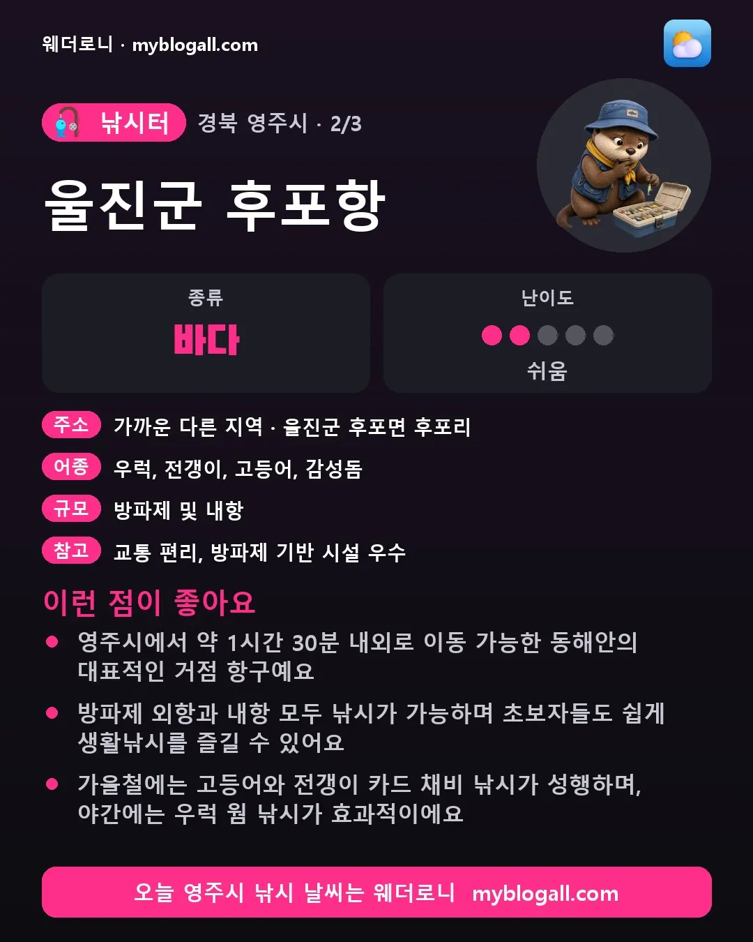 영주시 낚시터 · 울진군 후포항 — 바다 · 난이도 2/5 — 영주시에서 약 1시간 30분 내외로 이동 가능한 동해안의 대표적인 거점 항구예요 — 방파제 외항과 내항 모두 낚시가 가능하며 초보자들도 쉽게 생활낚시를 즐길 수 있어요