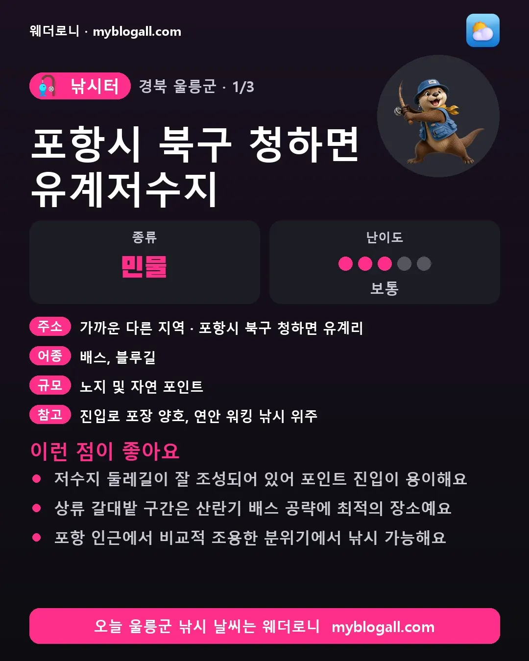 울릉군 낚시터 · 포항시 북구 청하면 유계저수지 — 민물 · 난이도 3/5 — 저수지 둘레길이 잘 조성되어 있어 포인트 진입이 용이해요 — 상류 갈대밭 구간은 산란기 배스 공략에 최적의 장소예요
