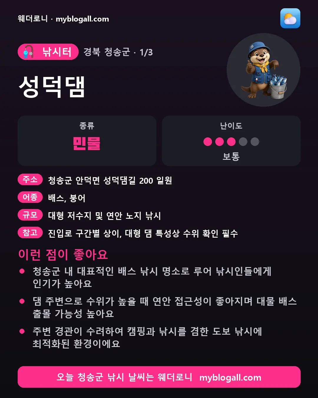 청송군 낚시터 · 성덕댐 — 민물 · 난이도 3/5 — 청송군 내 대표적인 배스 낚시 명소로 루어 낚시인들에게 인기가 높아요 — 댐 주변으로 수위가 높을 때 연안 접근성이 좋아지며 대물 배스 출몰 가능성 높아요