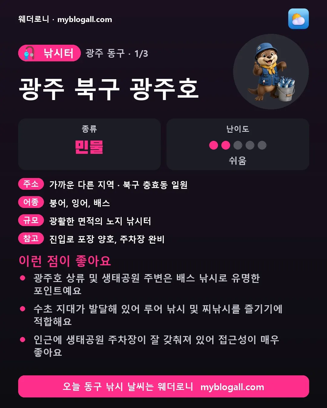 동구 낚시터 · 광주 북구 광주호 — 민물 · 난이도 2/5 — 광주호 상류 및 생태공원 주변은 배스 낚시로 유명한 포인트예요 — 수초 지대가 발달해 있어 루어 낚시 및 찌낚시를 즐기기에 적합해요