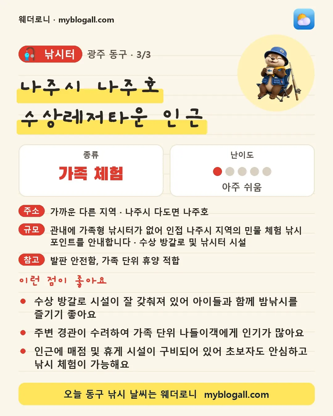 동구 낚시터 · 나주시 나주호 수상레저타운 인근 — 가족·체험 · 난이도 1/5 — 수상 방갈로 시설이 잘 갖춰져 있어 아이들과 함께 밤낚시를 즐기기 좋아요 — 주변 경관이 수려하여 가족 단위 나들이객에게 인기가 많아요