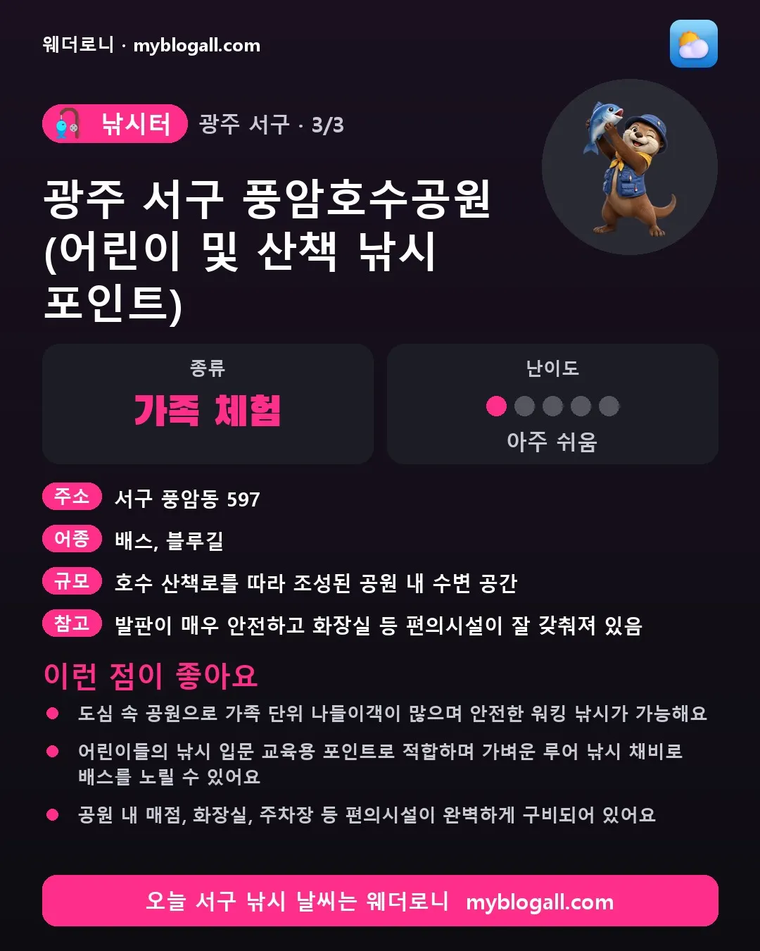 서구 낚시터 · 광주 서구 풍암호수공원 (어린이 및 산책 낚시 포인트) — 가족·체험 · 난이도 1/5 — 도심 속 공원으로 가족 단위 나들이객이 많으며 안전한 워킹 낚시가 가능해요 — 어린이들의 낚시 입문 교육용 포인트로 적합하며 가벼운 루어 낚시 채비로 배스를 노릴 수 있어요