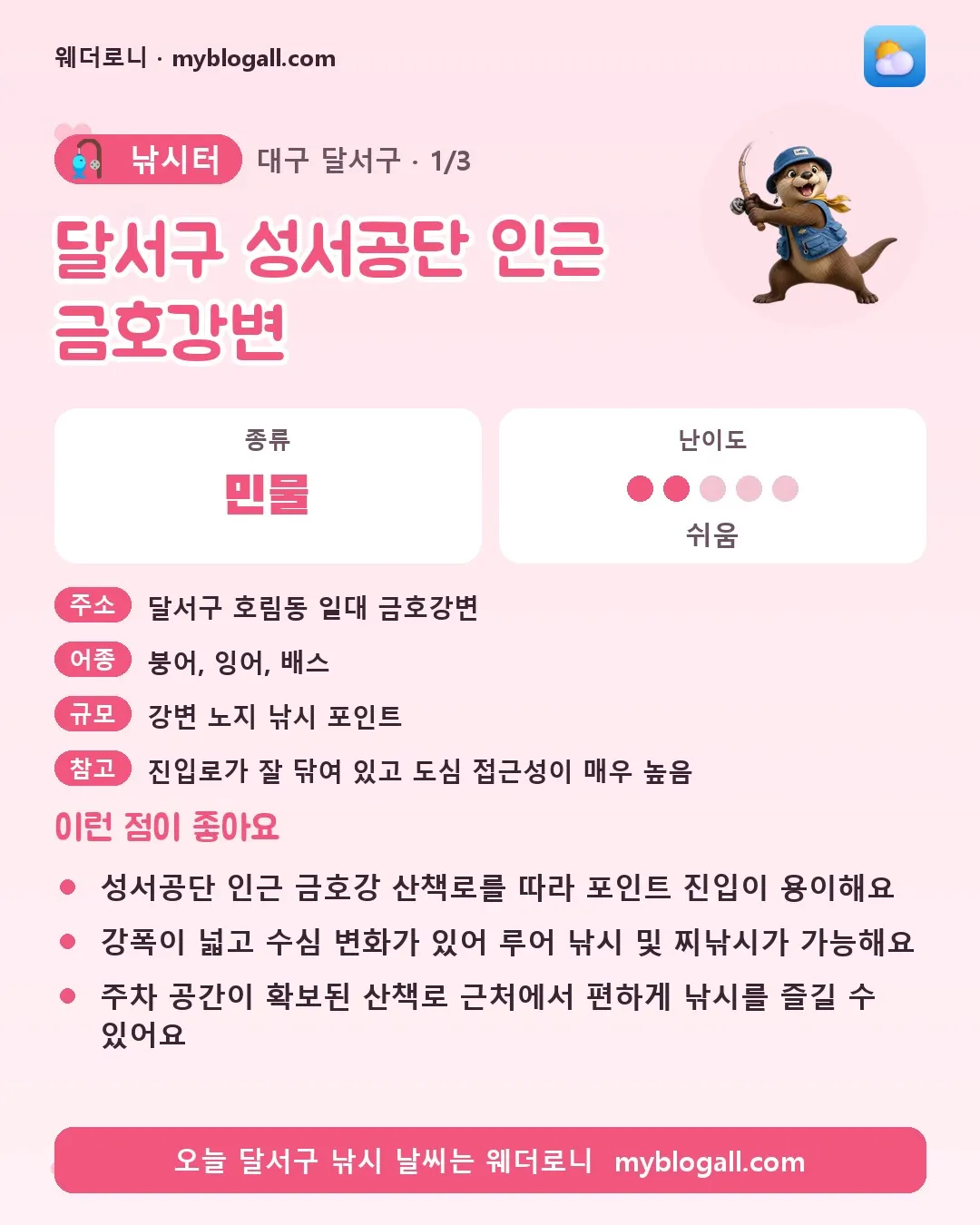 달서구 낚시터 · 달서구 성서공단 인근 금호강변 — 민물 · 난이도 2/5 — 성서공단 인근 금호강 산책로를 따라 포인트 진입이 용이해요 — 강폭이 넓고 수심 변화가 있어 루어 낚시 및 찌낚시가 가능해요
