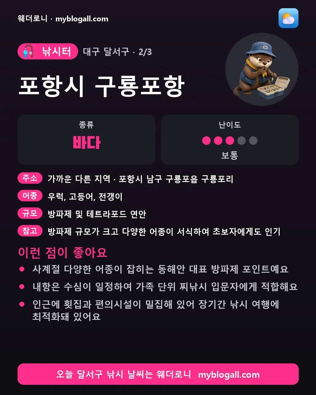 달서구 낚시터 · 포항시 구룡포항 — 바다 · 난이도 3/5 — 사계절 다양한 어종이 잡히는 동해안 대표 방파제 포인트예요 — 내항은 수심이 일정하여 가족 단위 찌낚시 입문자에게 적합해요