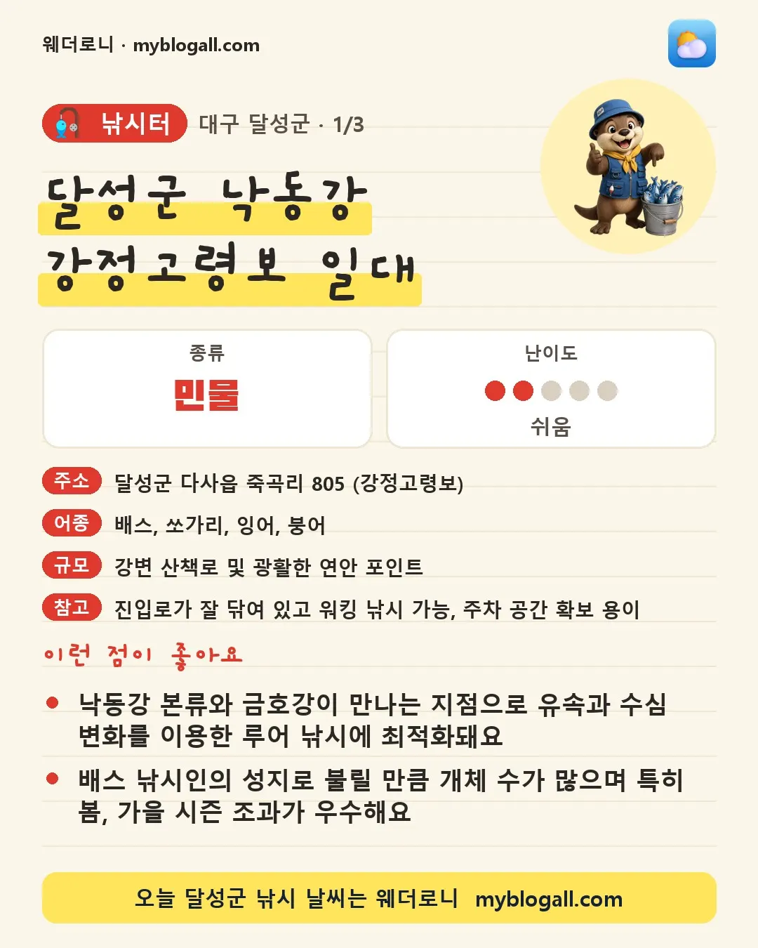 달성군 낚시터 · 달성군 낙동강 강정고령보 일대 — 민물 · 난이도 2/5 — 낙동강 본류와 금호강이 만나는 지점으로 유속과 수심 변화를 이용한 루어 낚시에 최적화돼요 — 배스 낚시인의 성지로 불릴 만큼 개체 수가 많으며 특히 봄, 가을 시즌 조과가 우수해요