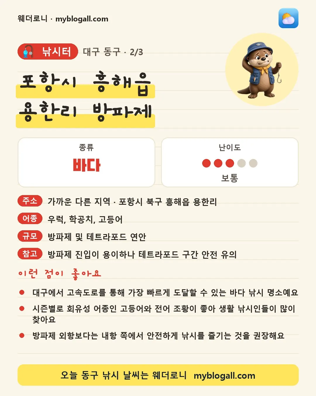 동구 낚시터 · 포항시 흥해읍 용한리 방파제 — 바다 · 난이도 3/5 — 대구에서 고속도로를 통해 가장 빠르게 도달할 수 있는 바다 낚시 명소예요 — 시즌별로 회유성 어종인 고등어와 전어 조황이 좋아 생활 낚시인들이 많이 찾아요