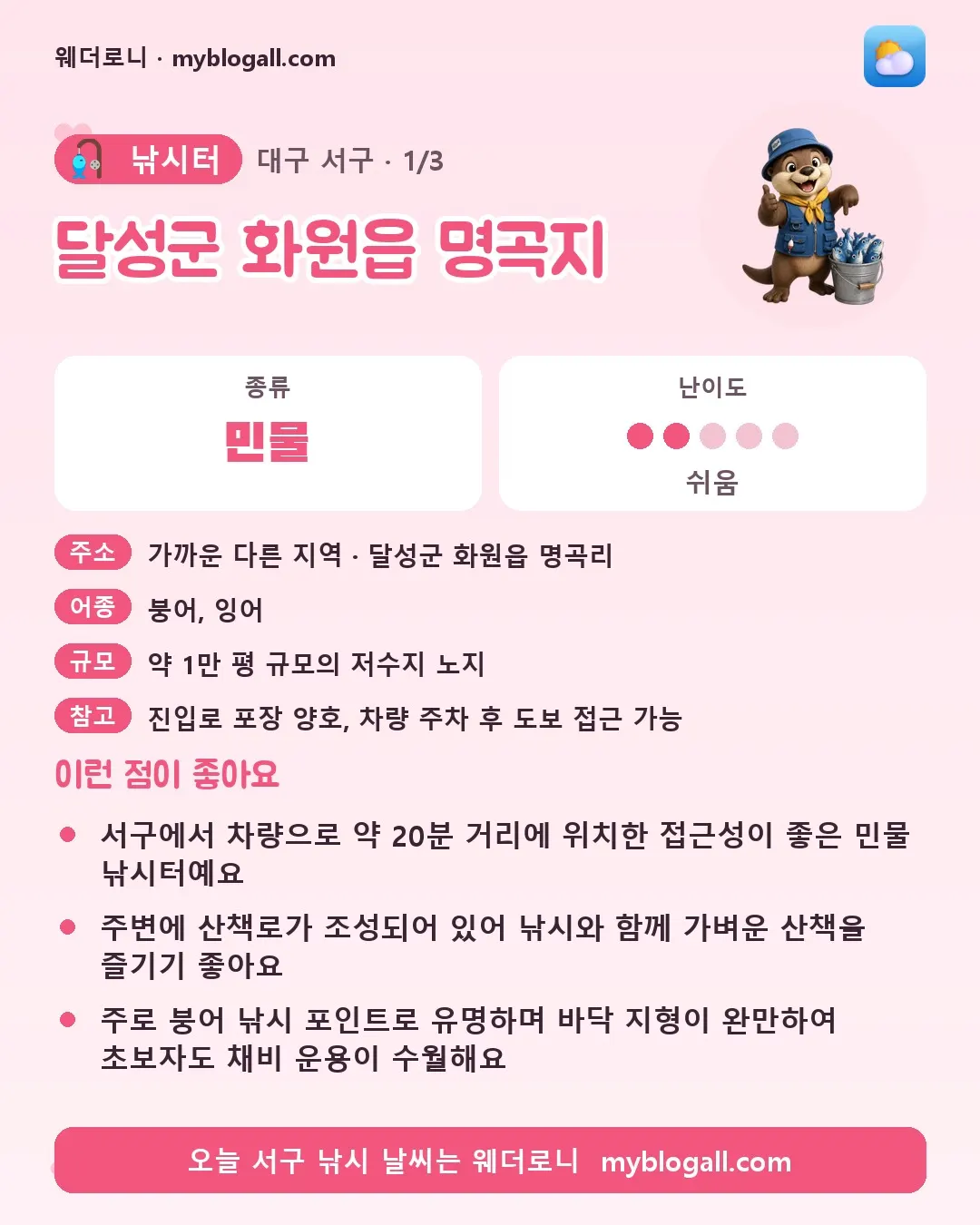 서구 낚시터 · 달성군 화원읍 명곡지 — 민물 · 난이도 2/5 — 서구에서 차량으로 약 20분 거리에 위치한 접근성이 좋은 민물 낚시터예요 — 주변에 산책로가 조성되어 있어 낚시와 함께 가벼운 산책을 즐기기 좋아요