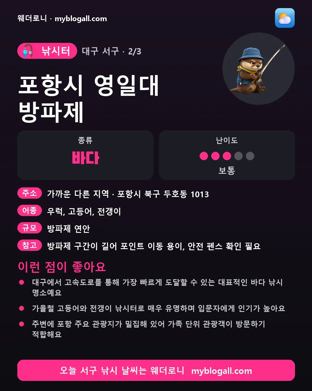 서구 낚시터 · 포항시 영일대 방파제 — 바다 · 난이도 3/5 — 대구에서 고속도로를 통해 가장 빠르게 도달할 수 있는 대표적인 바다 낚시 명소예요 — 가을철 고등어와 전갱이 낚시터로 매우 유명하며 입문자에게 인기가 높아요