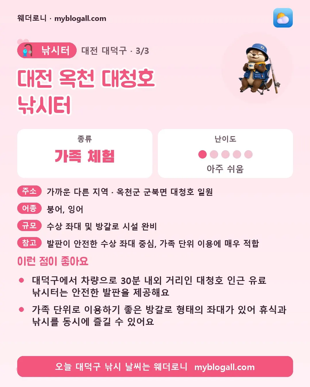 대덕구 낚시터 · 대전 옥천 대청호 낚시터 — 가족·체험 · 난이도 1/5 — 대덕구에서 차량으로 30분 내외 거리인 대청호 인근 유료 낚시터는 안전한 발판을 제공해요 — 가족 단위로 이용하기 좋은 방갈로 형태의 좌대가 있어 휴식과 낚시를 동시에 즐길 수 있어요