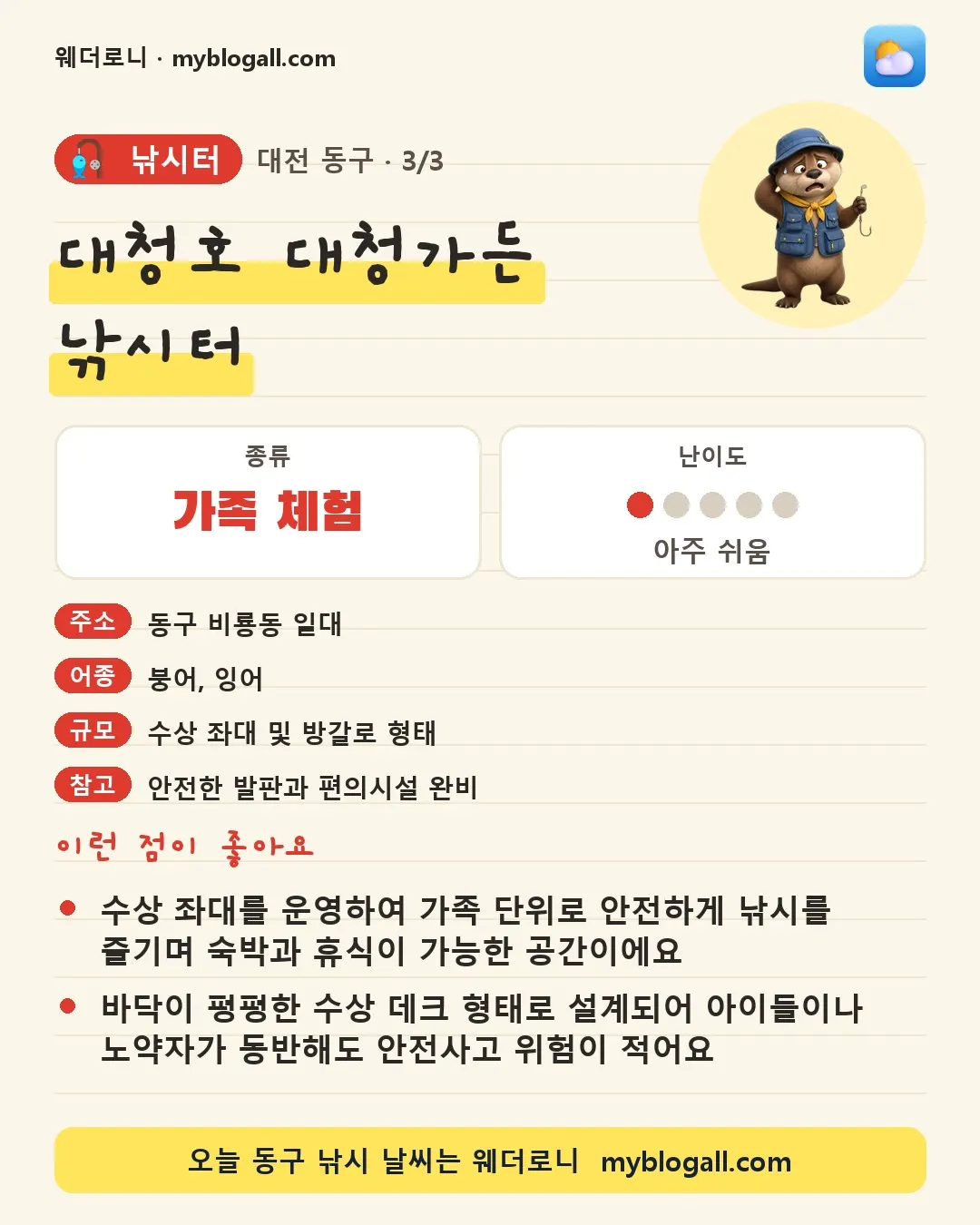 동구 낚시터 · 대청호 대청가든 낚시터 — 가족·체험 · 난이도 1/5 — 수상 좌대를 운영하여 가족 단위로 안전하게 낚시를 즐기며 숙박과 휴식이 가능한 공간이에요 — 바닥이 평평한 수상 데크 형태로 설계되어 아이들이나 노약자가 동반해도 안전사고 위험이 적어요