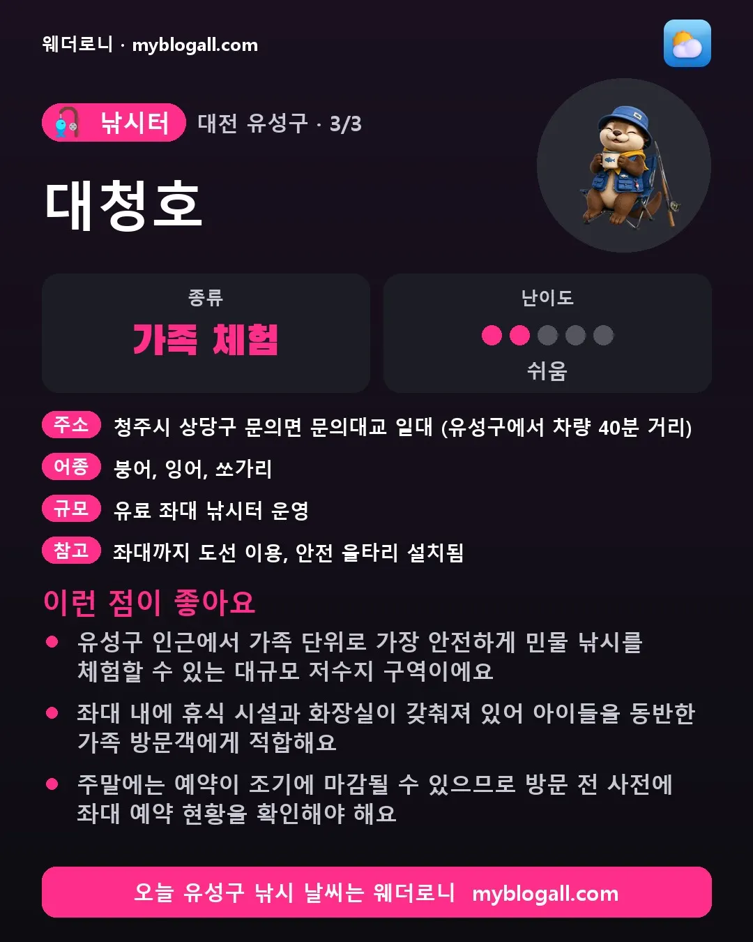 유성구 낚시터 · 대청호 — 가족·체험 · 난이도 2/5 — 유성구 인근에서 가족 단위로 가장 안전하게 민물 낚시를 체험할 수 있는 대규모 저수지 구역이에요 — 좌대 내에 휴식 시설과 화장실이 갖춰져 있어 아이들을 동반한 가족 방문객에게 적합해요