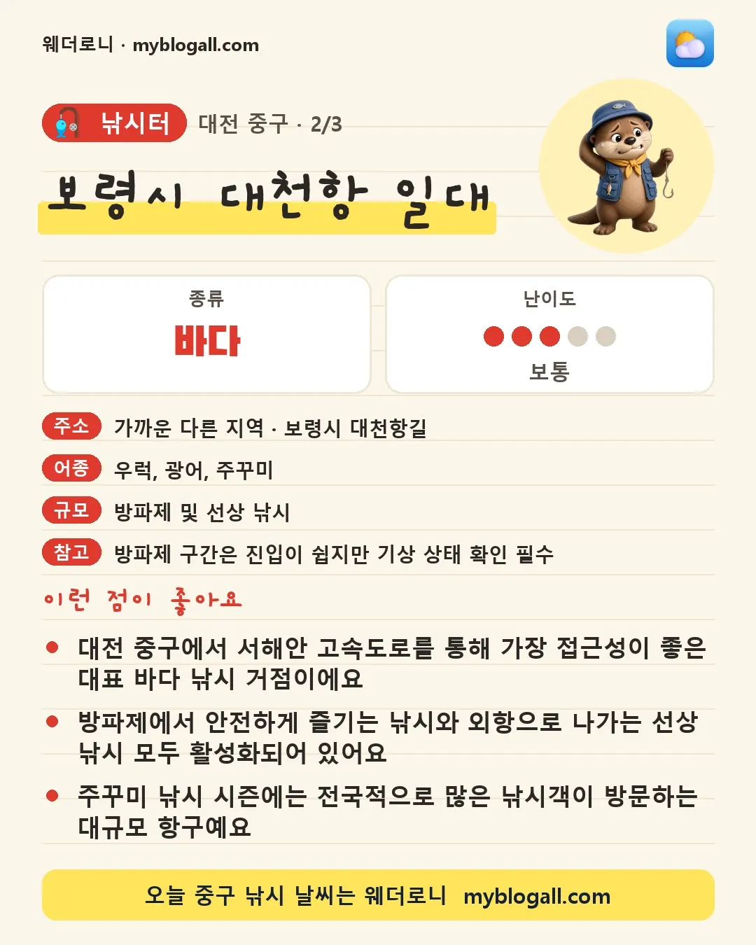 중구 낚시터 · 보령시 대천항 일대 — 바다 · 난이도 3/5 — 대전 중구에서 서해안 고속도로를 통해 가장 접근성이 좋은 대표 바다 낚시 거점이에요 — 방파제에서 안전하게 즐기는 낚시와 외항으로 나가는 선상 낚시 모두 활성화되어 있어요