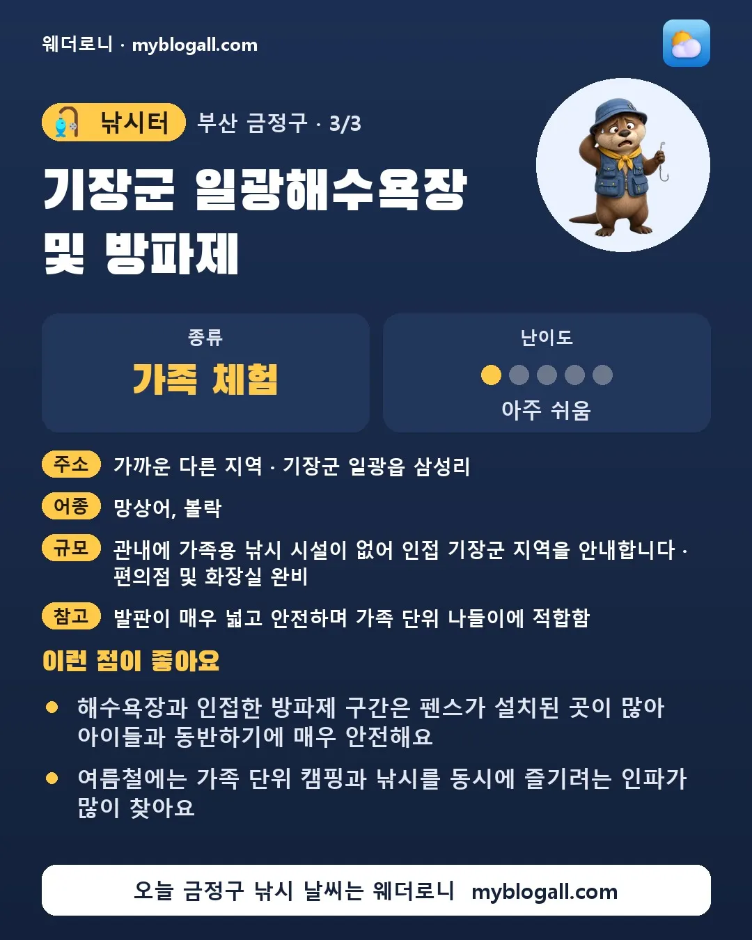 금정구 낚시터 · 기장군 일광해수욕장 및 방파제 — 가족·체험 · 난이도 1/5 — 해수욕장과 인접한 방파제 구간은 펜스가 설치된 곳이 많아 아이들과 동반하기에 매우 안전해요 — 여름철에는 가족 단위 캠핑과 낚시를 동시에 즐기려는 인파가 많이 찾아요