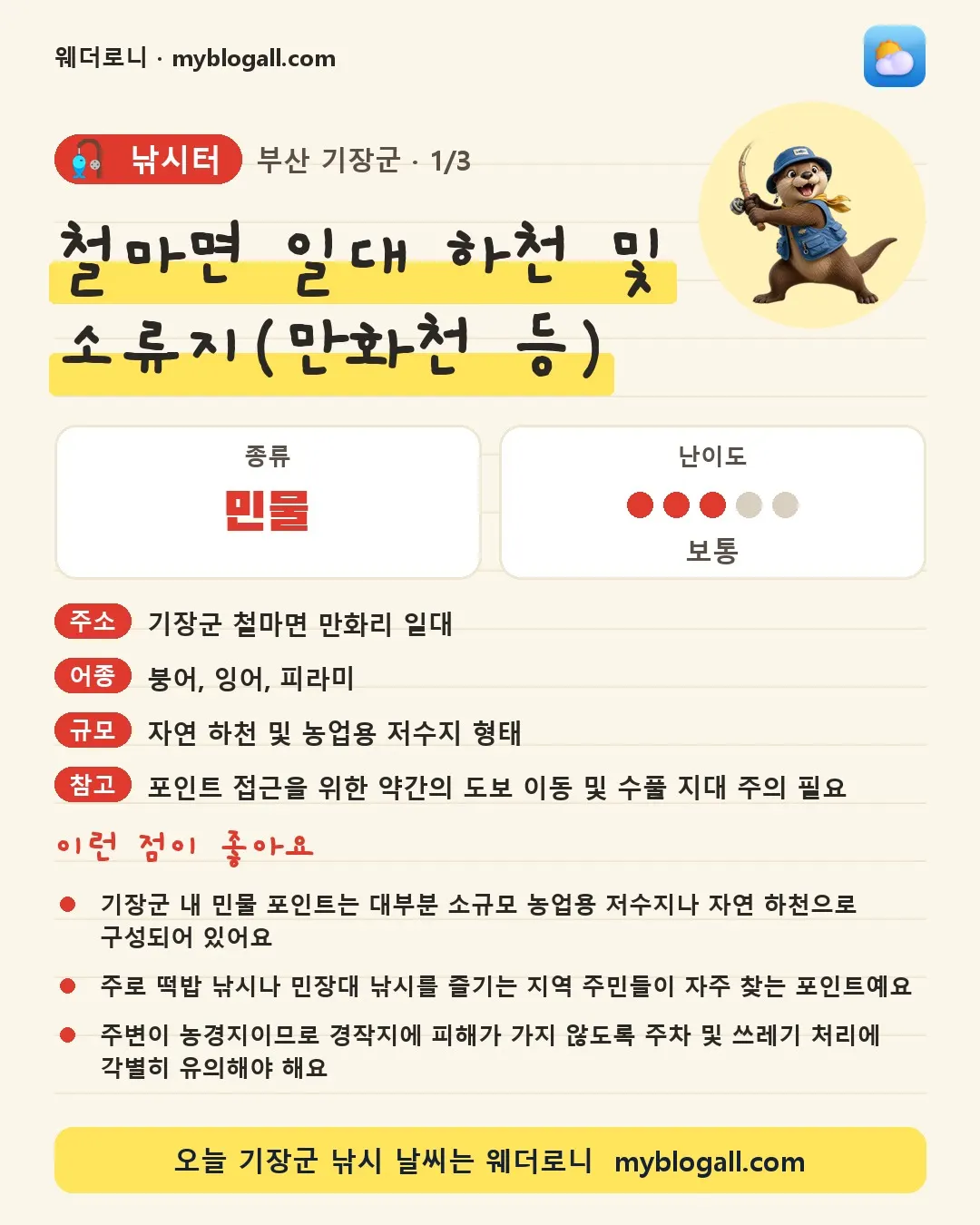 기장군 낚시터 · 철마면 일대 하천 및 소류지(만화천 등) — 민물 · 난이도 3/5 — 기장군 내 민물 포인트는 대부분 소규모 농업용 저수지나 자연 하천으로 구성되어 있어요 — 주로 떡밥 낚시나 민장대 낚시를 즐기는 지역 주민들이 자주 찾는 포인트예요