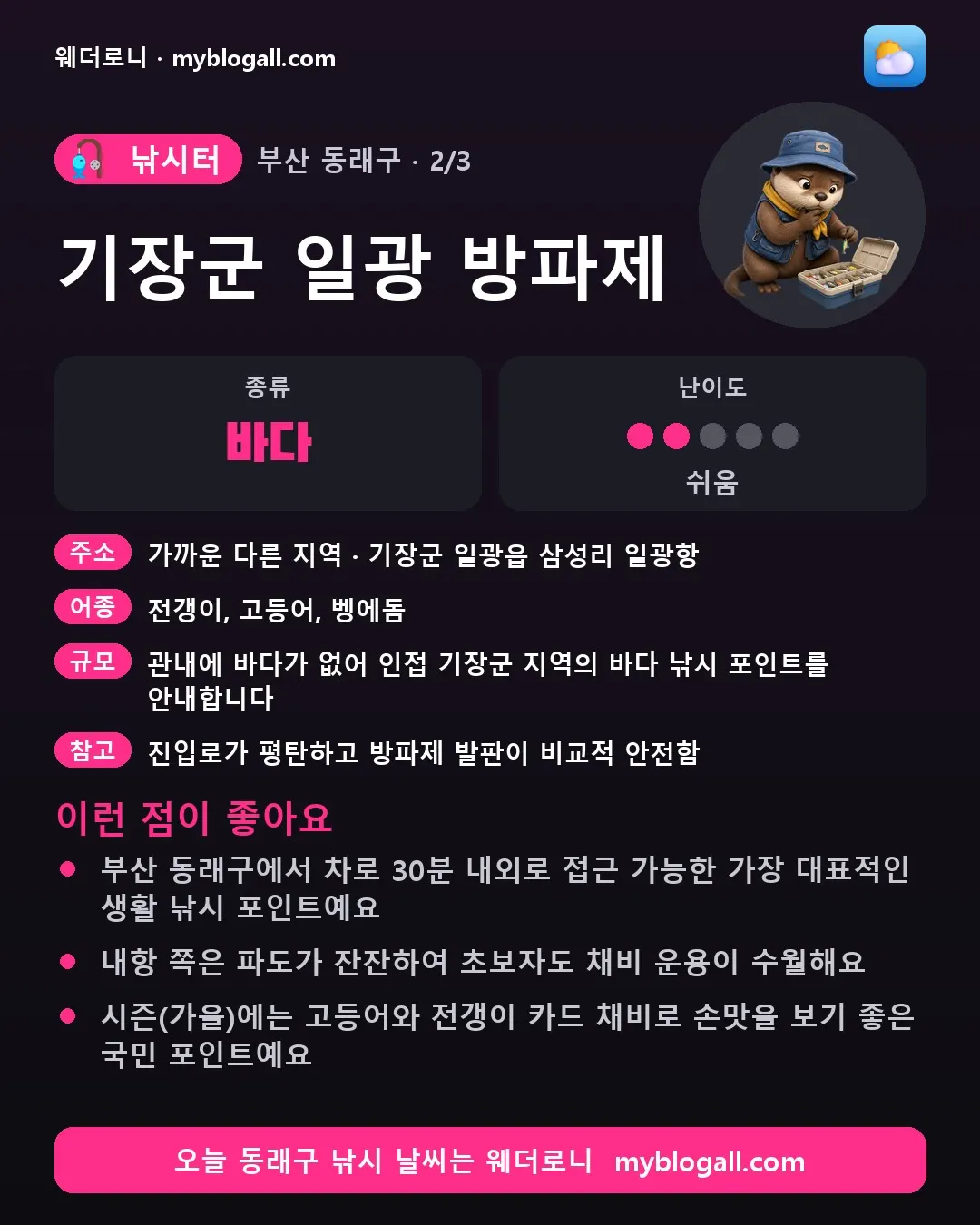 동래구 낚시터 · 기장군 일광 방파제 — 바다 · 난이도 2/5 — 부산 동래구에서 차로 30분 내외로 접근 가능한 가장 대표적인 생활 낚시 포인트예요 — 내항 쪽은 파도가 잔잔하여 초보자도 채비 운용이 수월해요