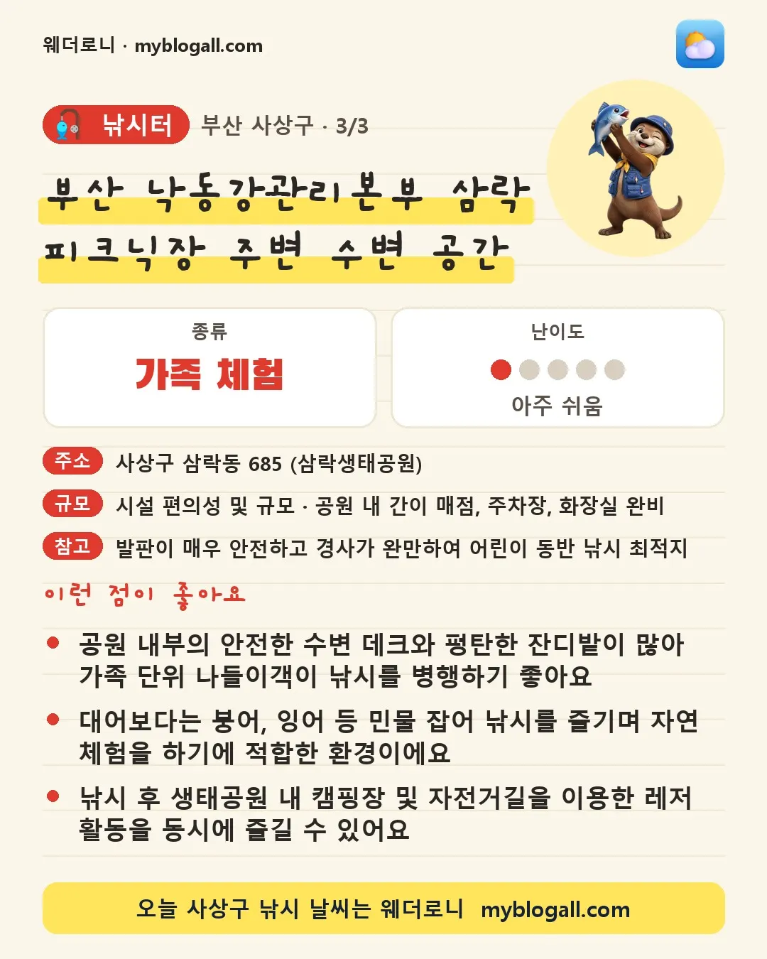 사상구 낚시터 · 부산 낙동강관리본부 삼락 피크닉장 주변 수변 공간 — 가족·체험 · 난이도 1/5 — 공원 내부의 안전한 수변 데크와 평탄한 잔디밭이 많아 가족 단위 나들이객이 낚시를 병행하기 좋아요 — 대어보다는 붕어, 잉어 등 민물 잡어 낚시를 즐기며 자연 체험을 하기에 적합한 환경이에요