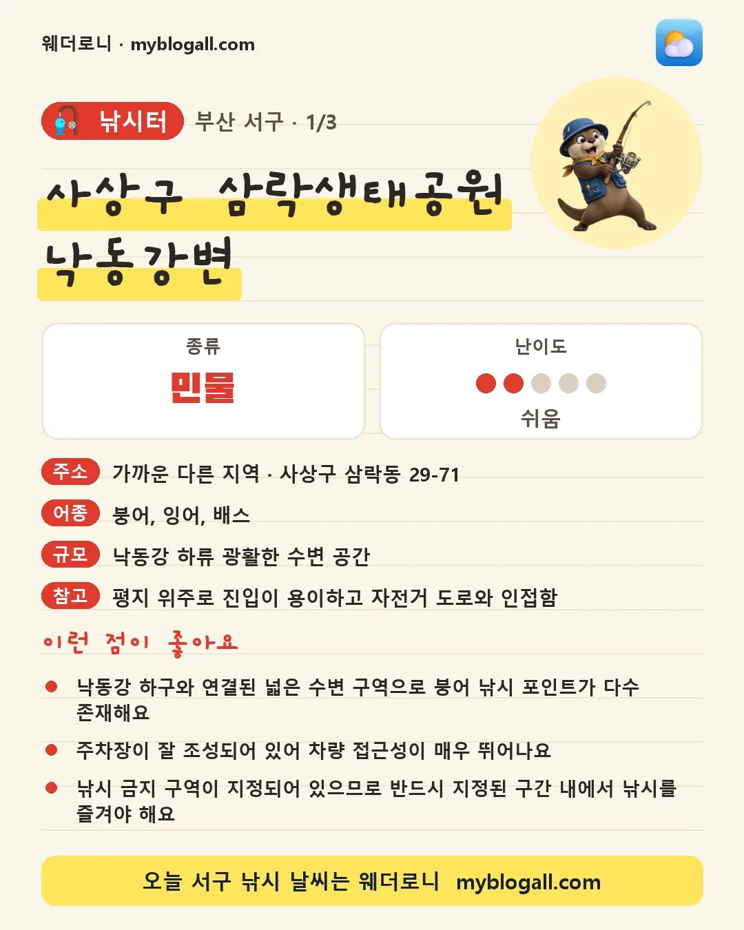서구 낚시터 · 사상구 삼락생태공원 낙동강변 — 민물 · 난이도 2/5 — 낙동강 하구와 연결된 넓은 수변 구역으로 붕어 낚시 포인트가 다수 존재해요 — 주차장이 잘 조성되어 있어 차량 접근성이 매우 뛰어나요