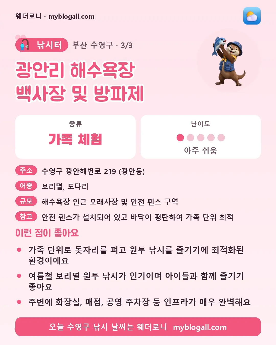 수영구 낚시터 · 광안리 해수욕장 백사장 및 방파제 — 가족·체험 · 난이도 1/5 — 가족 단위로 돗자리를 펴고 원투 낚시를 즐기기에 최적화된 환경이에요 — 여름철 보리멸 원투 낚시가 인기이며 아이들과 함께 즐기기 좋아요