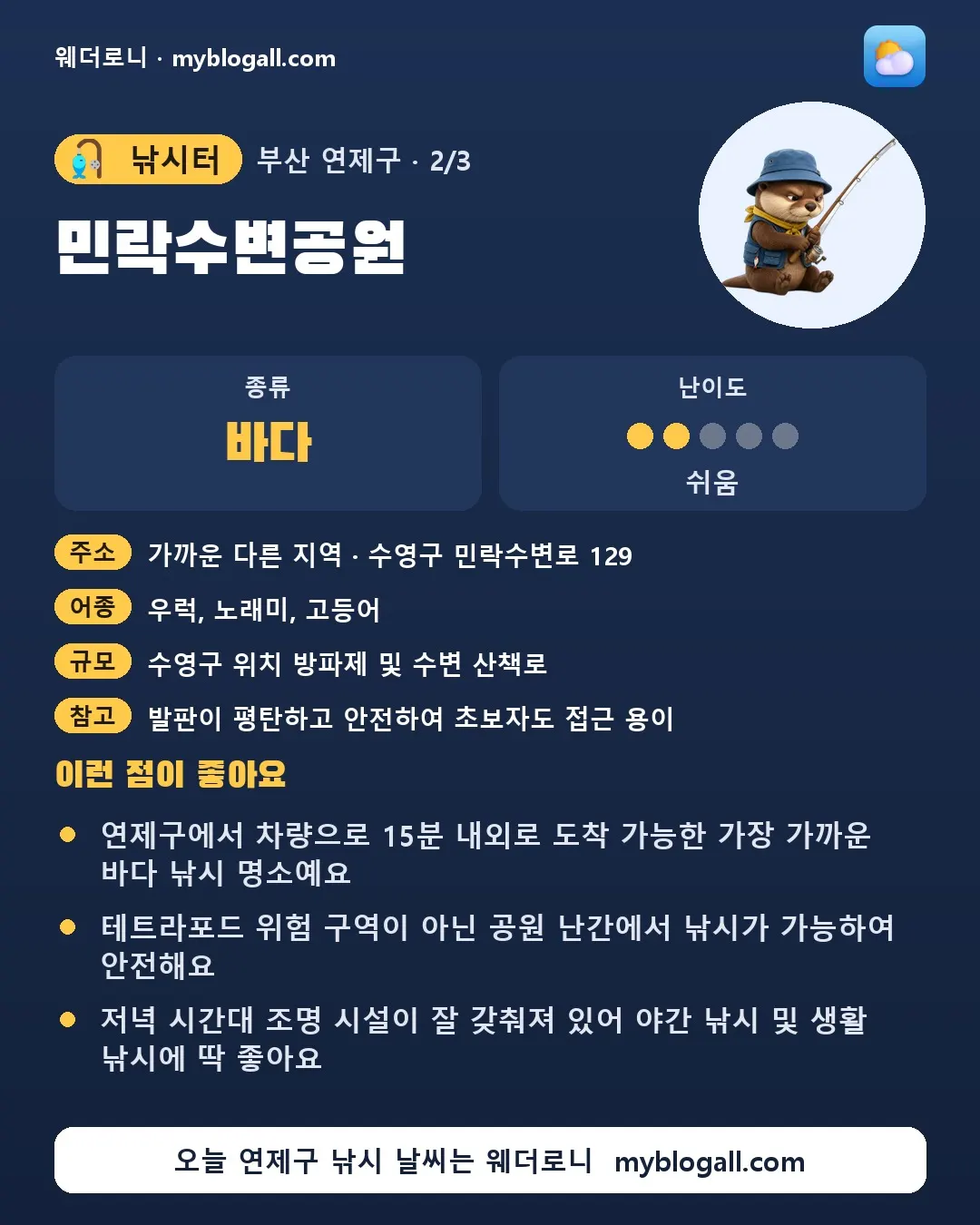연제구 낚시터 · 민락수변공원 — 바다 · 난이도 2/5 — 연제구에서 차량으로 15분 내외로 도착 가능한 가장 가까운 바다 낚시 명소예요 — 테트라포드 위험 구역이 아닌 공원 난간에서 낚시가 가능하여 안전해요