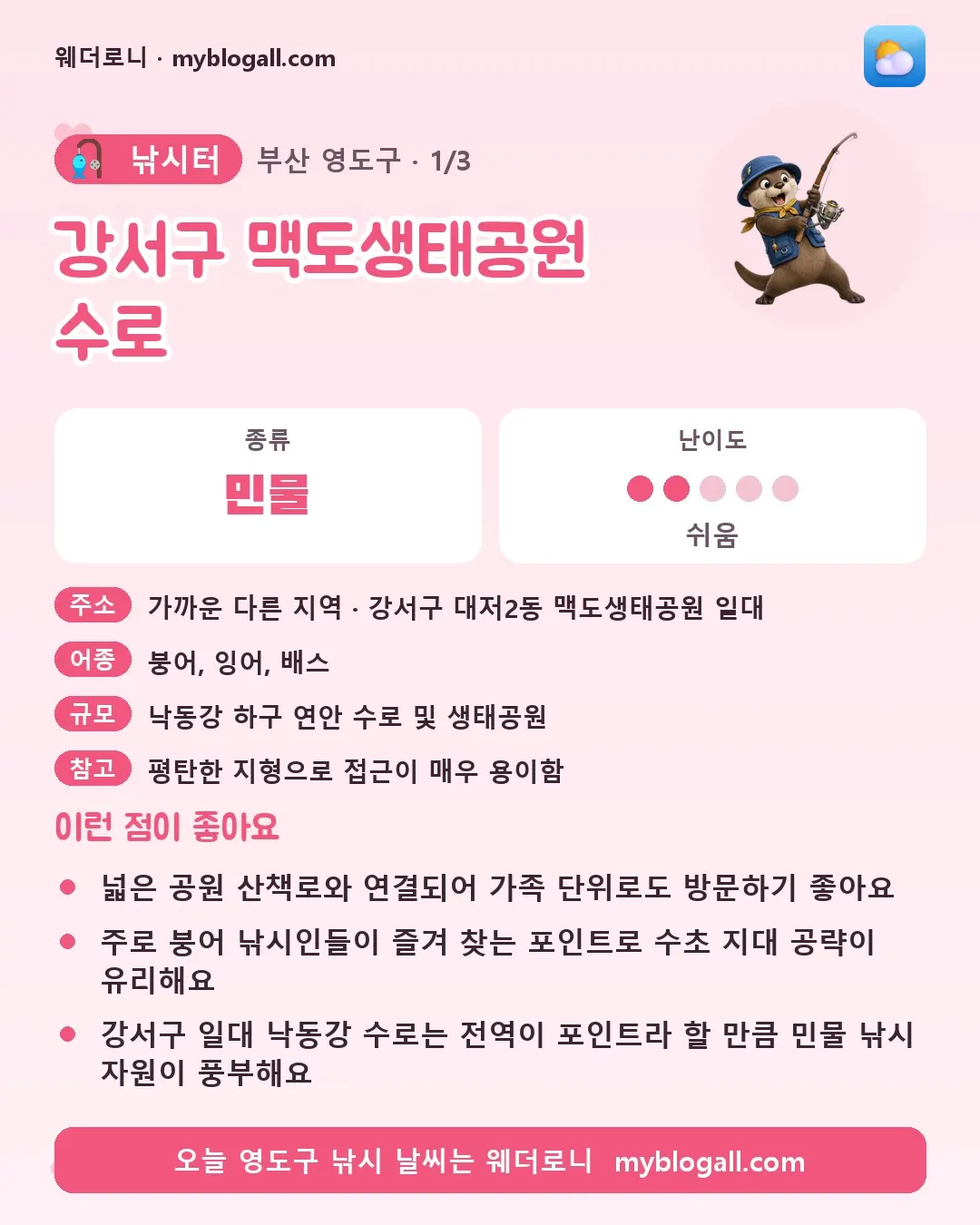 영도구 낚시터 · 강서구 맥도생태공원 수로 — 민물 · 난이도 2/5 — 넓은 공원 산책로와 연결되어 가족 단위로도 방문하기 좋아요 — 주로 붕어 낚시인들이 즐겨 찾는 포인트로 수초 지대 공략이 유리해요