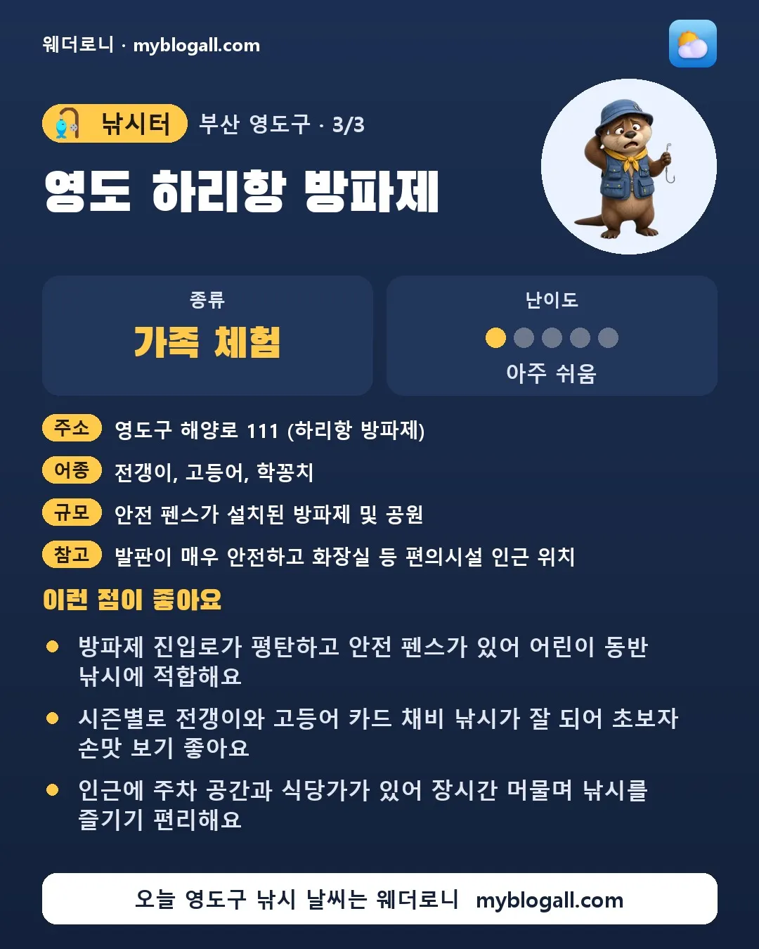 영도구 낚시터 · 영도 하리항 방파제 — 가족·체험 · 난이도 1/5 — 방파제 진입로가 평탄하고 안전 펜스가 있어 어린이 동반 낚시에 적합해요 — 시즌별로 전갱이와 고등어 카드 채비 낚시가 잘 되어 초보자 손맛 보기 좋아요