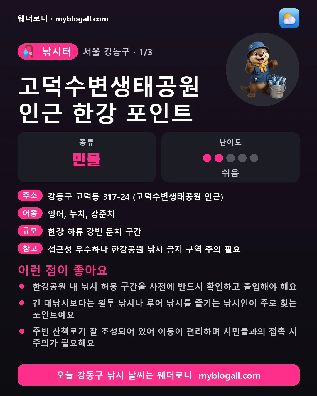 강동구 낚시터 · 고덕수변생태공원 인근 한강 포인트 — 민물 · 난이도 2/5 — 한강공원 내 낚시 허용 구간을 사전에 반드시 확인하고 출입해야 해요 — 긴 대낚시보다는 원투 낚시나 루어 낚시를 즐기는 낚시인이 주로 찾는 포인트예요