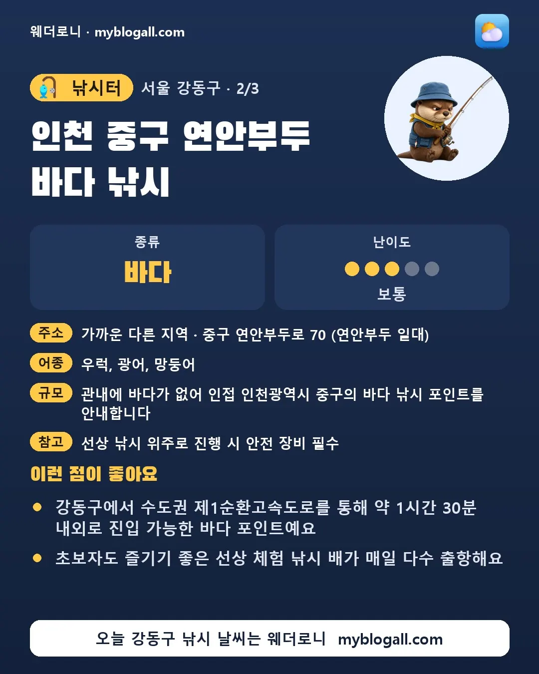 강동구 낚시터 · 인천 중구 연안부두 바다 낚시 — 바다 · 난이도 3/5 — 강동구에서 수도권 제1순환고속도로를 통해 약 1시간 30분 내외로 진입 가능한 바다 포인트예요 — 초보자도 즐기기 좋은 선상 체험 낚시 배가 매일 다수 출항해요