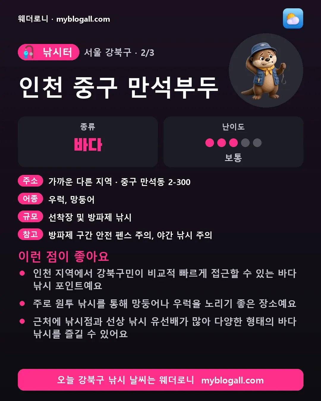 강북구 낚시터 · 인천 중구 만석부두 — 바다 · 난이도 3/5 — 인천 지역에서 강북구민이 비교적 빠르게 접근할 수 있는 바다 낚시 포인트예요 — 주로 원투 낚시를 통해 망둥어나 우럭을 노리기 좋은 장소예요