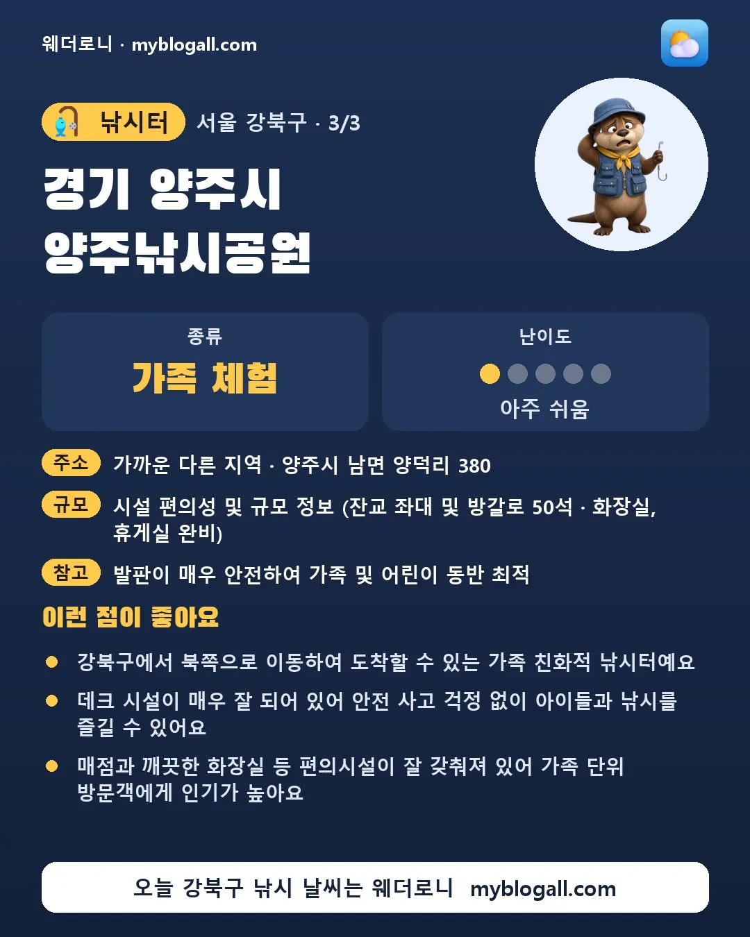 강북구 낚시터 · 경기 양주시 양주낚시공원 — 가족·체험 · 난이도 1/5 — 강북구에서 북쪽으로 이동하여 도착할 수 있는 가족 친화적 낚시터예요 — 데크 시설이 매우 잘 되어 있어 안전 사고 걱정 없이 아이들과 낚시를 즐길 수 있어요