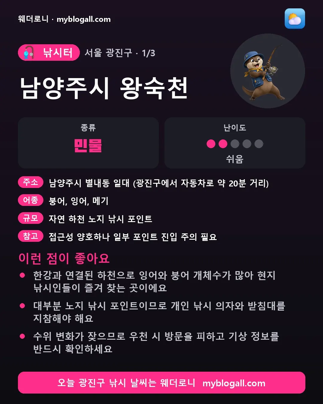 광진구 낚시터 · 남양주시 왕숙천 — 민물 · 난이도 2/5 — 한강과 연결된 하천으로 잉어와 붕어 개체수가 많아 현지 낚시인들이 즐겨 찾는 곳이에요 — 대부분 노지 낚시 포인트이므로 개인 낚시 의자와 받침대를 지참해야 해요