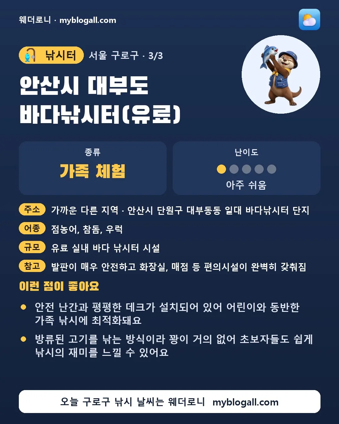 구로구 낚시터 · 안산시 대부도 바다낚시터(유료) — 가족·체험 · 난이도 1/5 — 안전 난간과 평평한 데크가 설치되어 있어 어린이와 동반한 가족 낚시에 최적화돼요 — 방류된 고기를 낚는 방식이라 꽝이 거의 없어 초보자들도 쉽게 낚시의 재미를 느낄 수 있어요