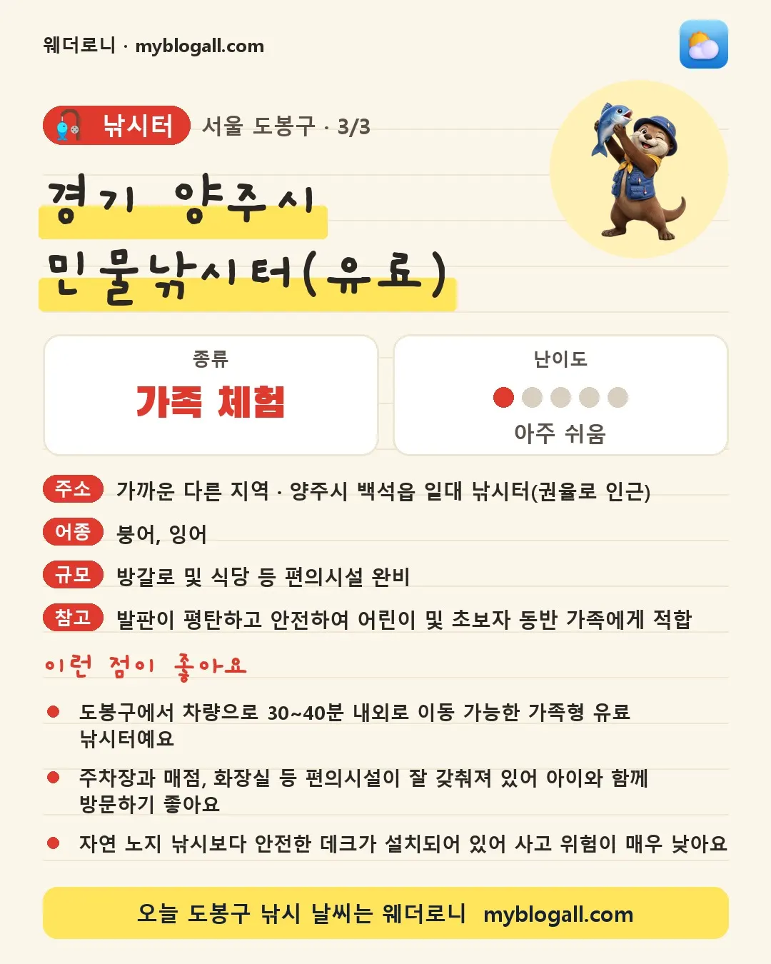 도봉구 낚시터 · 경기 양주시 민물낚시터(유료) — 가족·체험 · 난이도 1/5 — 도봉구에서 차량으로 30~40분 내외로 이동 가능한 가족형 유료 낚시터예요 — 주차장과 매점, 화장실 등 편의시설이 잘 갖춰져 있어 아이와 함께 방문하기 좋아요