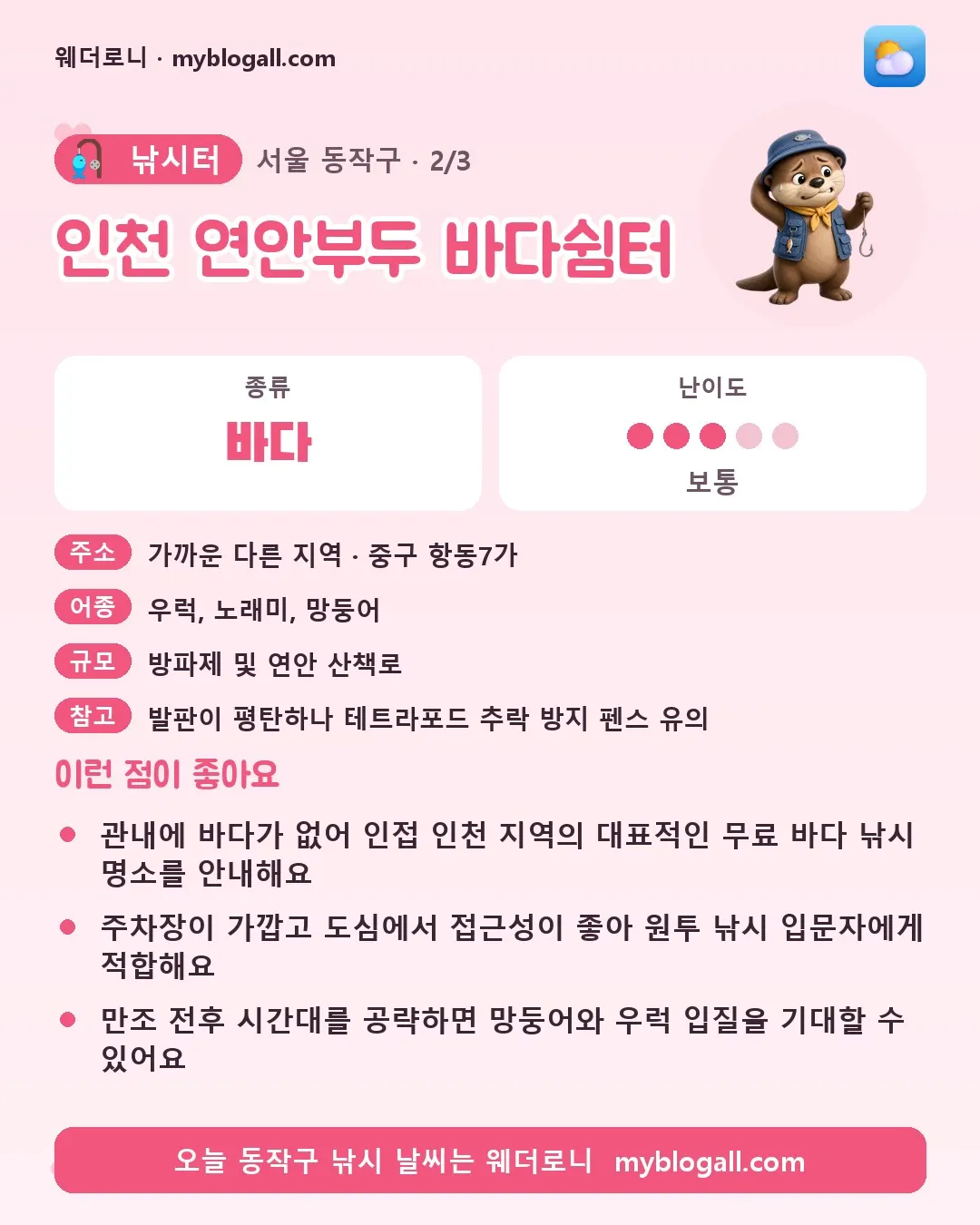 동작구 낚시터 · 인천 연안부두 바다쉼터 — 바다 · 난이도 3/5 — 관내에 바다가 없어 인접 인천 지역의 대표적인 무료 바다 낚시 명소를 안내해요 — 주차장이 가깝고 도심에서 접근성이 좋아 원투 낚시 입문자에게 적합해요