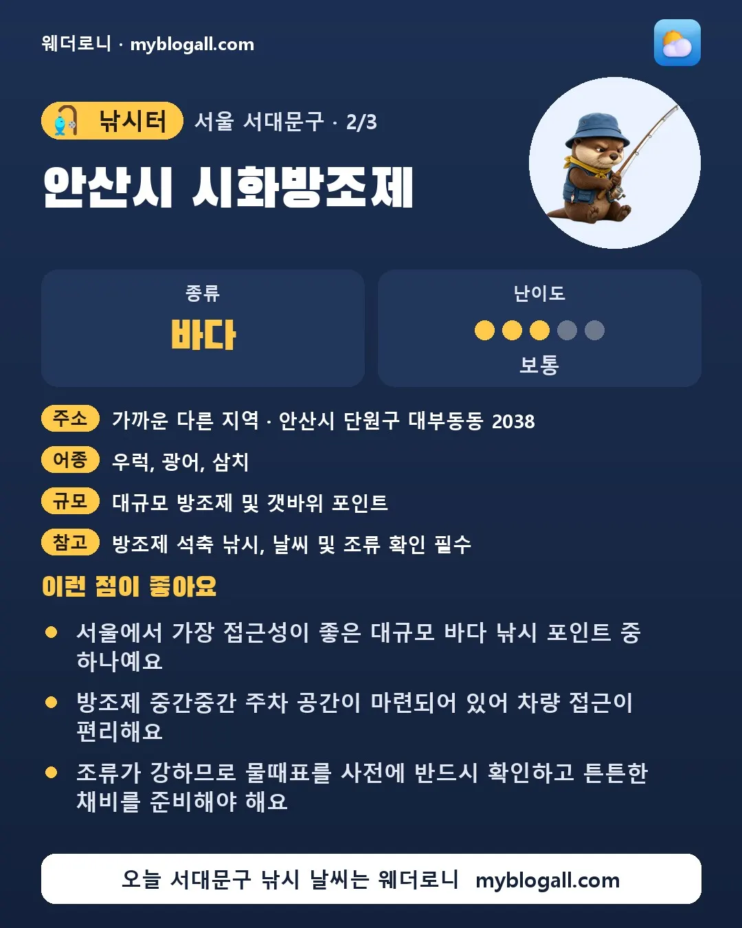서대문구 낚시터 · 안산시 시화방조제 — 바다 · 난이도 3/5 — 서울에서 가장 접근성이 좋은 대규모 바다 낚시 포인트 중 하나예요 — 방조제 중간중간 주차 공간이 마련되어 있어 차량 접근이 편리해요