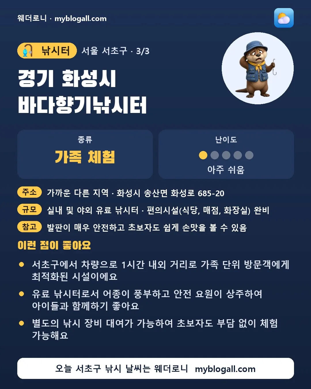 서초구 낚시터 · 경기 화성시 바다향기낚시터 — 가족·체험 · 난이도 1/5 — 서초구에서 차량으로 1시간 내외 거리로 가족 단위 방문객에게 최적화된 시설이에요 — 유료 낚시터로서 어종이 풍부하고 안전 요원이 상주하여 아이들과 함께하기 좋아요