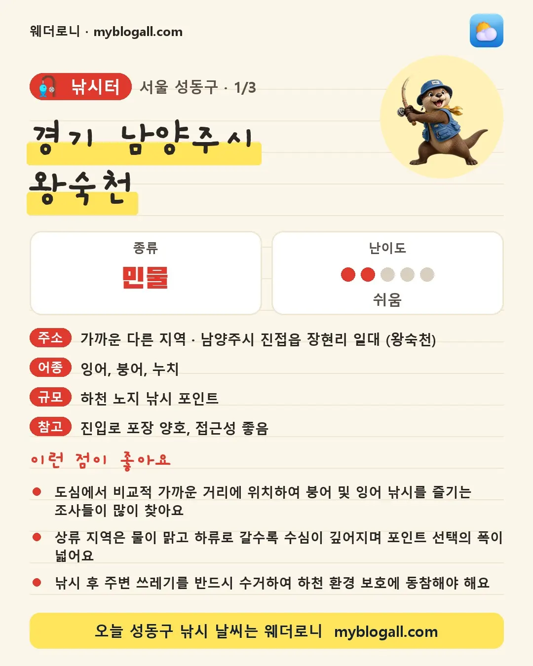 성동구 낚시터 · 경기 남양주시 왕숙천 — 민물 · 난이도 2/5 — 도심에서 비교적 가까운 거리에 위치하여 붕어 및 잉어 낚시를 즐기는 조사들이 많이 찾아요 — 상류 지역은 물이 맑고 하류로 갈수록 수심이 깊어지며 포인트 선택의 폭이 넓어요