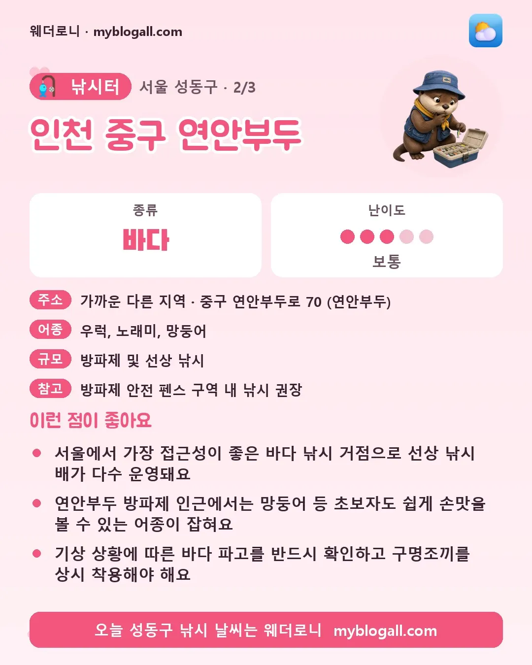 성동구 낚시터 · 인천 중구 연안부두 — 바다 · 난이도 3/5 — 서울에서 가장 접근성이 좋은 바다 낚시 거점으로 선상 낚시 배가 다수 운영돼요 — 연안부두 방파제 인근에서는 망둥어 등 초보자도 쉽게 손맛을 볼 수 있는 어종이 잡혀요