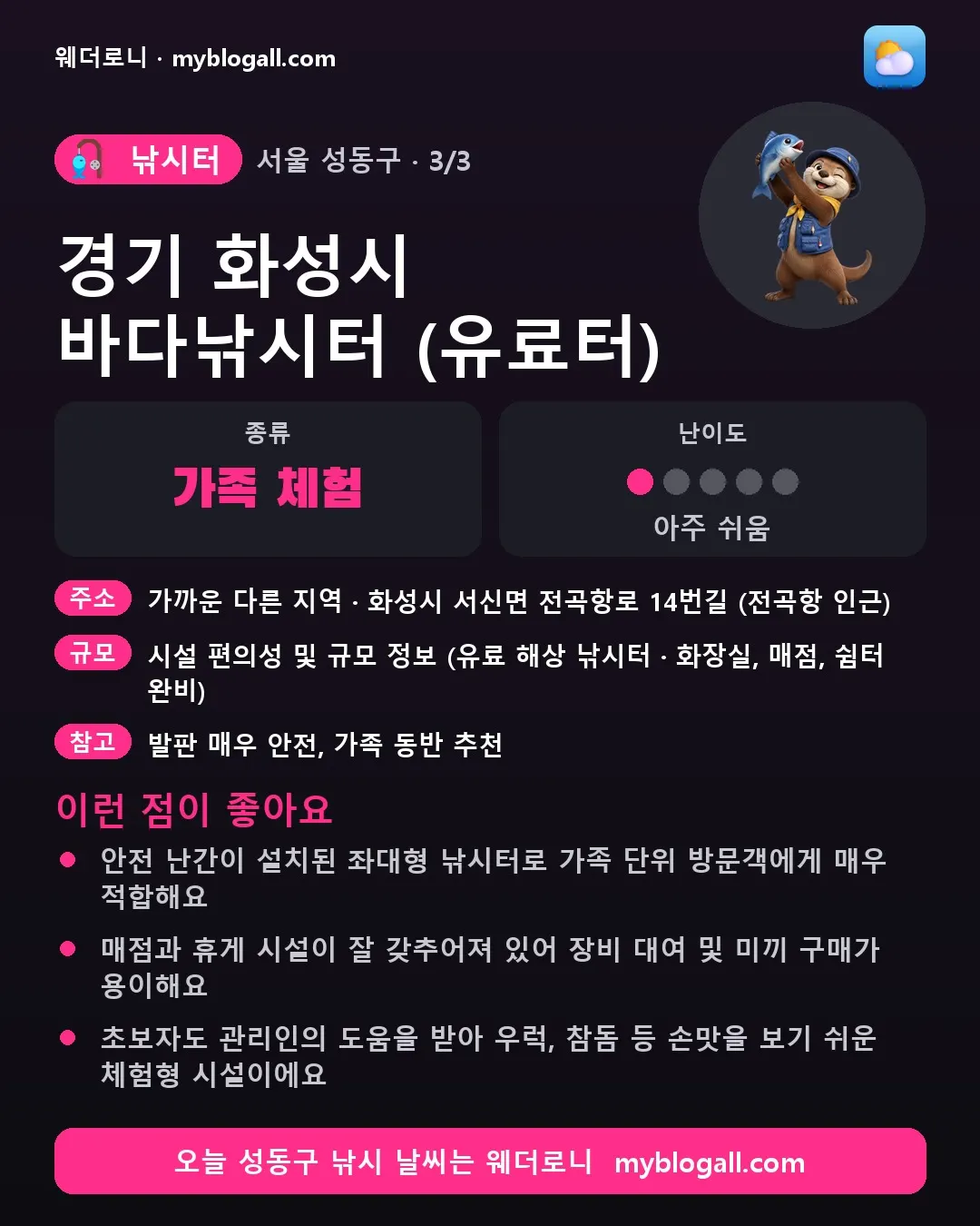 성동구 낚시터 · 경기 화성시 바다낚시터 (유료터) — 가족·체험 · 난이도 1/5 — 안전 난간이 설치된 좌대형 낚시터로 가족 단위 방문객에게 매우 적합해요 — 매점과 휴게 시설이 잘 갖추어져 있어 장비 대여 및 미끼 구매가 용이해요