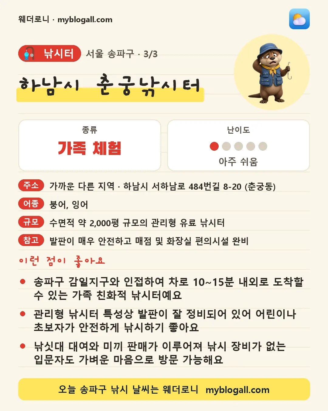 송파구 낚시터 · 하남시 춘궁낚시터 — 가족·체험 · 난이도 1/5 — 송파구 감일지구와 인접하여 차로 10~15분 내외로 도착할 수 있는 가족 친화적 낚시터예요 — 관리형 낚시터 특성상 발판이 잘 정비되어 있어 어린이나 초보자가 안전하게 낚시하기 좋아요