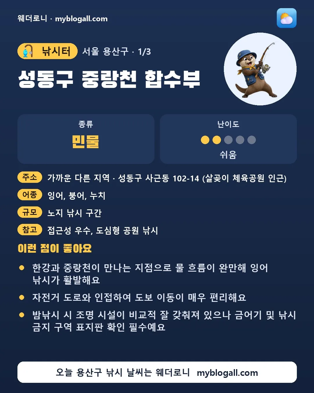 용산구 낚시터 · 성동구 중랑천 합수부 — 민물 · 난이도 2/5 — 한강과 중랑천이 만나는 지점으로 물 흐름이 완만해 잉어 낚시가 활발해요 — 자전거 도로와 인접하여 도보 이동이 매우 편리해요