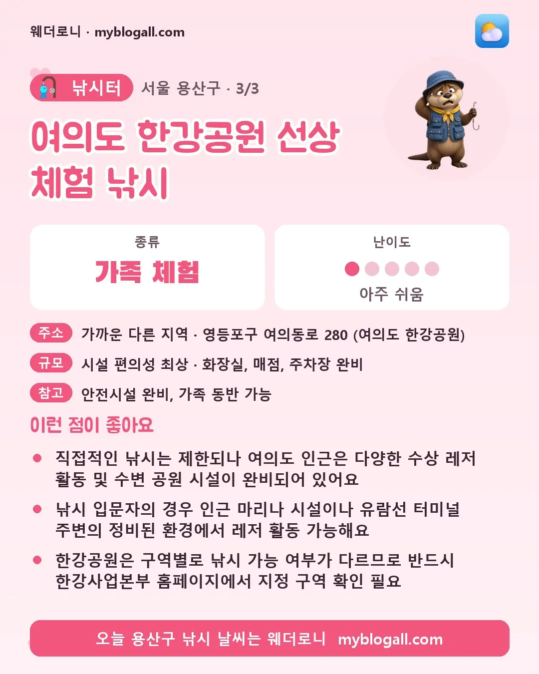 용산구 낚시터 · 여의도 한강공원 선상 체험 낚시 — 가족·체험 · 난이도 1/5 — 직접적인 낚시는 제한되나 여의도 인근은 다양한 수상 레저 활동 및 수변 공원 시설이 완비되어 있어요 — 낚시 입문자의 경우 인근 마리나 시설이나 유람선 터미널 주변의 정비된 환경에서 레저 활동 가능해요