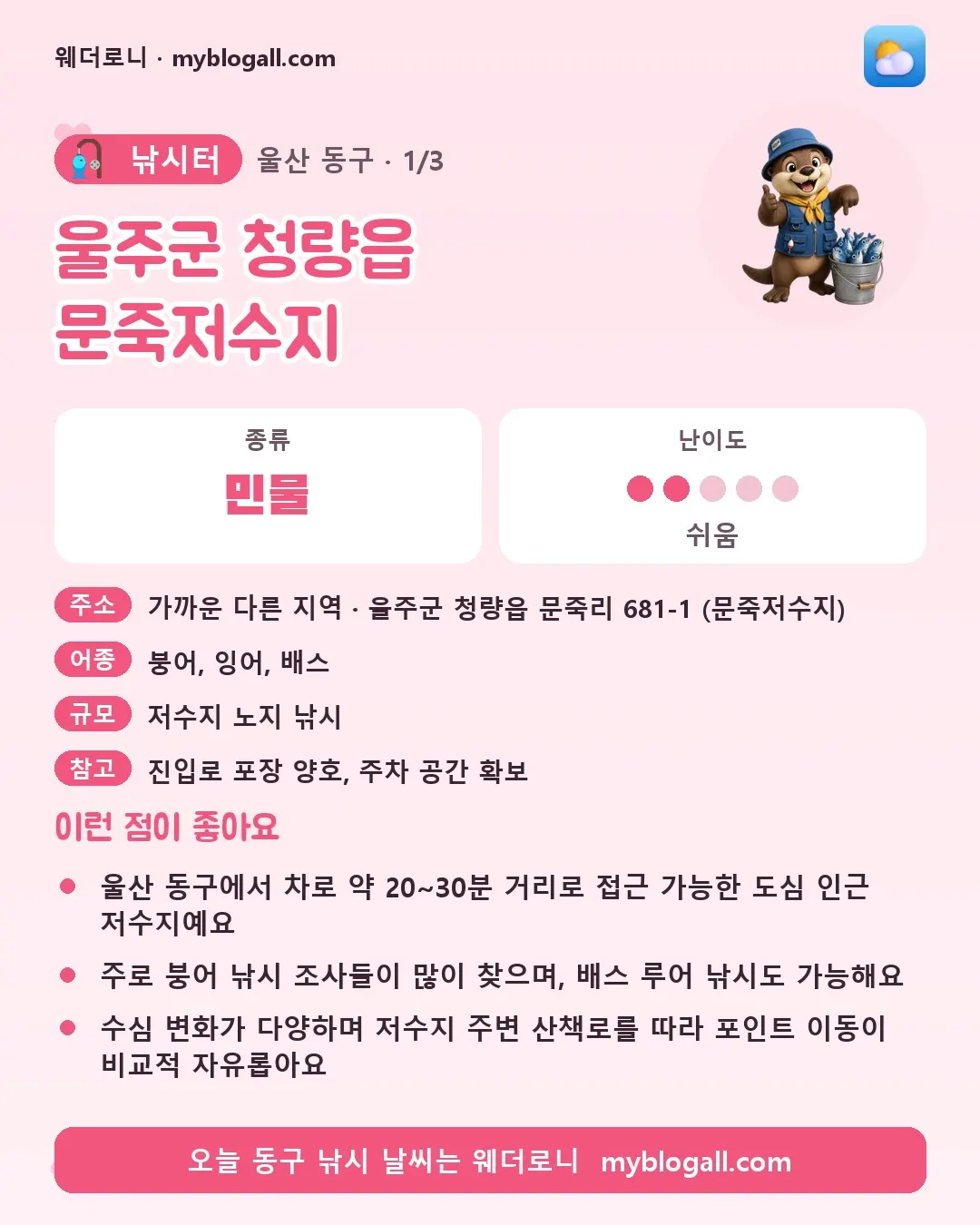 동구 낚시터 · 울주군 청량읍 문죽저수지 — 민물 · 난이도 2/5 — 울산 동구에서 차로 약 20~30분 거리로 접근 가능한 도심 인근 저수지예요 — 주로 붕어 낚시 조사들이 많이 찾으며, 배스 루어 낚시도 가능해요