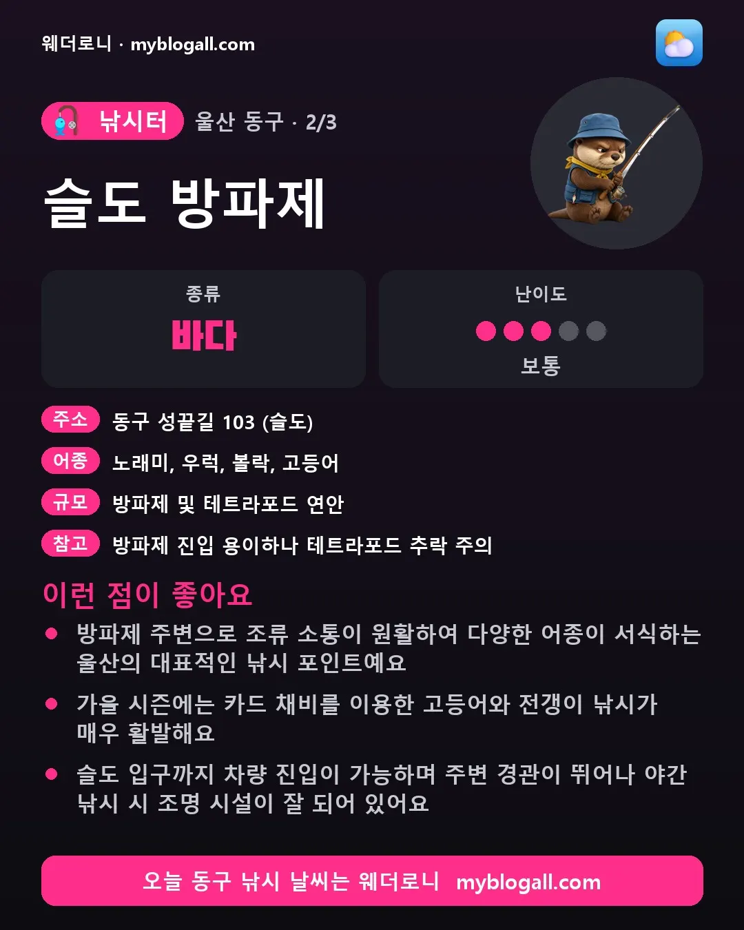 동구 낚시터 · 슬도 방파제 — 바다 · 난이도 3/5 — 방파제 주변으로 조류 소통이 원활하여 다양한 어종이 서식하는 울산의 대표적인 낚시 포인트예요 — 가을 시즌에는 카드 채비를 이용한 고등어와 전갱이 낚시가 매우 활발해요
