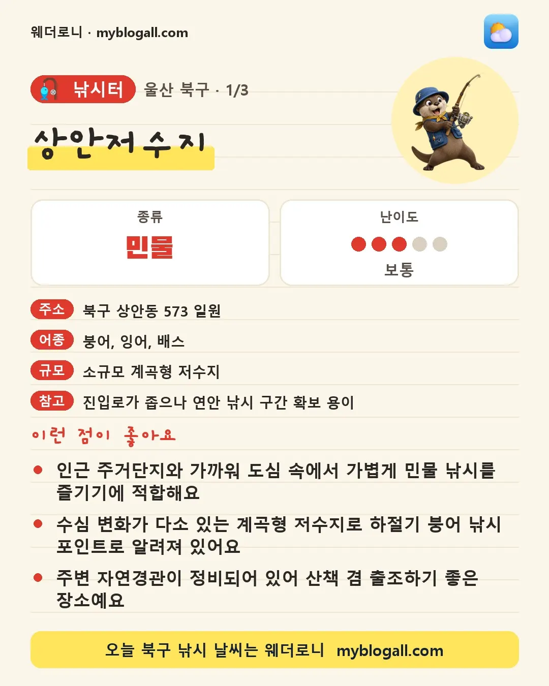 북구 낚시터 · 상안저수지 — 민물 · 난이도 3/5 — 인근 주거단지와 가까워 도심 속에서 가볍게 민물 낚시를 즐기기에 적합해요 — 수심 변화가 다소 있는 계곡형 저수지로 하절기 붕어 낚시 포인트로 알려져 있어요