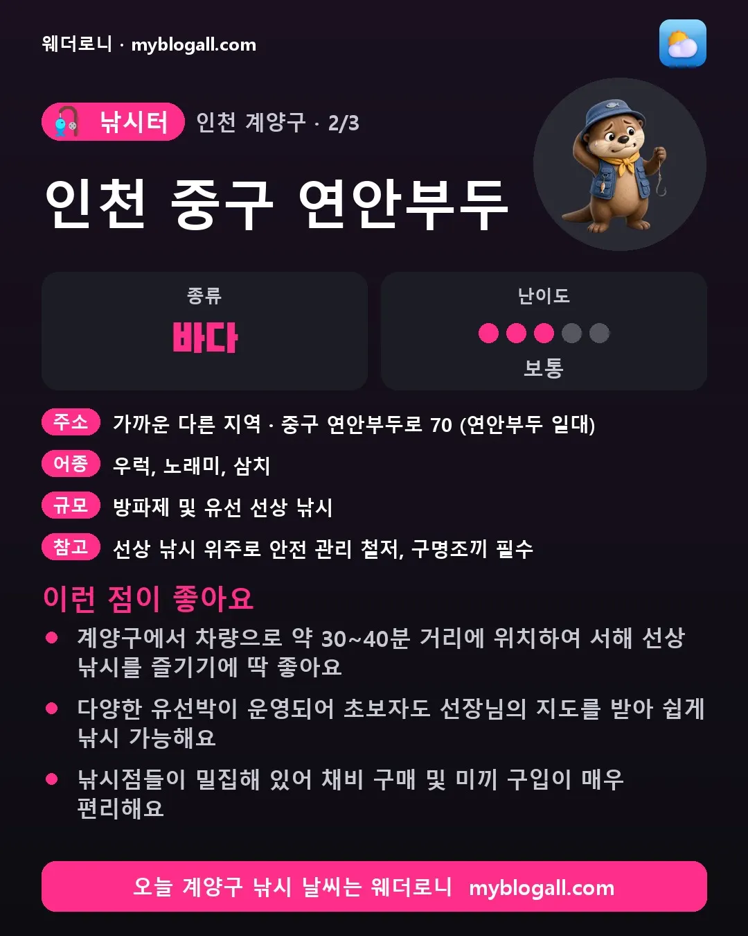 계양구 낚시터 · 인천 중구 연안부두 — 바다 · 난이도 3/5 — 계양구에서 차량으로 약 30~40분 거리에 위치하여 서해 선상 낚시를 즐기기에 딱 좋아요 — 다양한 유선박이 운영되어 초보자도 선장님의 지도를 받아 쉽게 낚시 가능해요