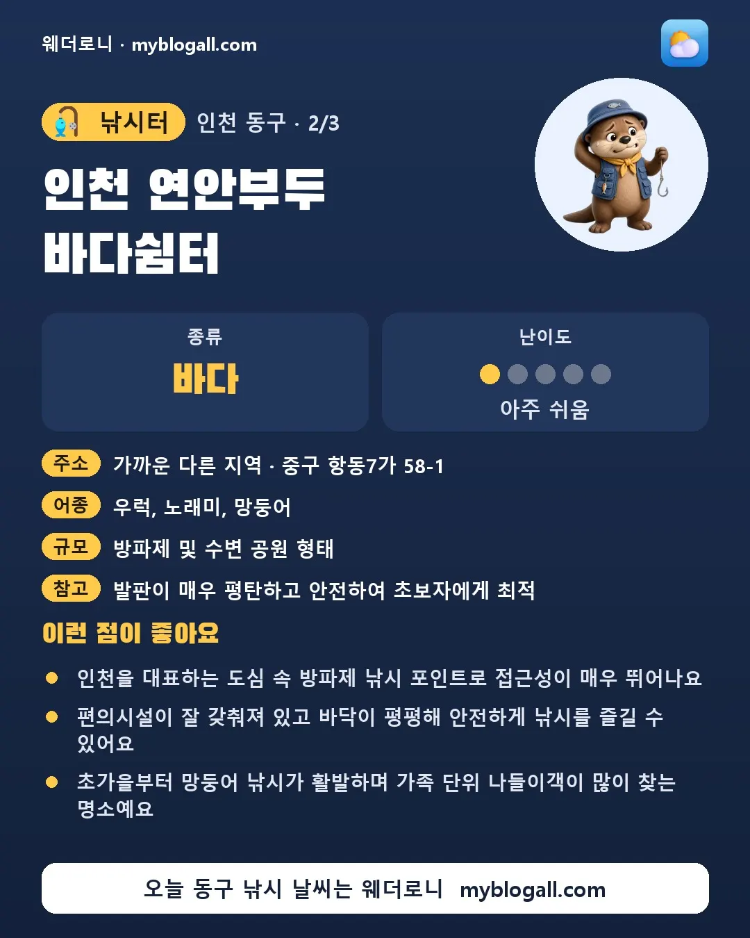 동구 낚시터 · 인천 연안부두 바다쉼터 — 바다 · 난이도 1/5 — 인천을 대표하는 도심 속 방파제 낚시 포인트로 접근성이 매우 뛰어나요 — 편의시설이 잘 갖춰져 있고 바닥이 평평해 안전하게 낚시를 즐길 수 있어요