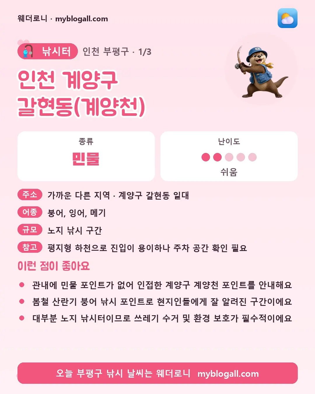 부평구 낚시터 · 인천 계양구 갈현동(계양천) — 민물 · 난이도 2/5 — 관내에 민물 포인트가 없어 인접한 계양구 계양천 포인트를 안내해요 — 봄철 산란기 붕어 낚시 포인트로 현지인들에게 잘 알려진 구간이에요