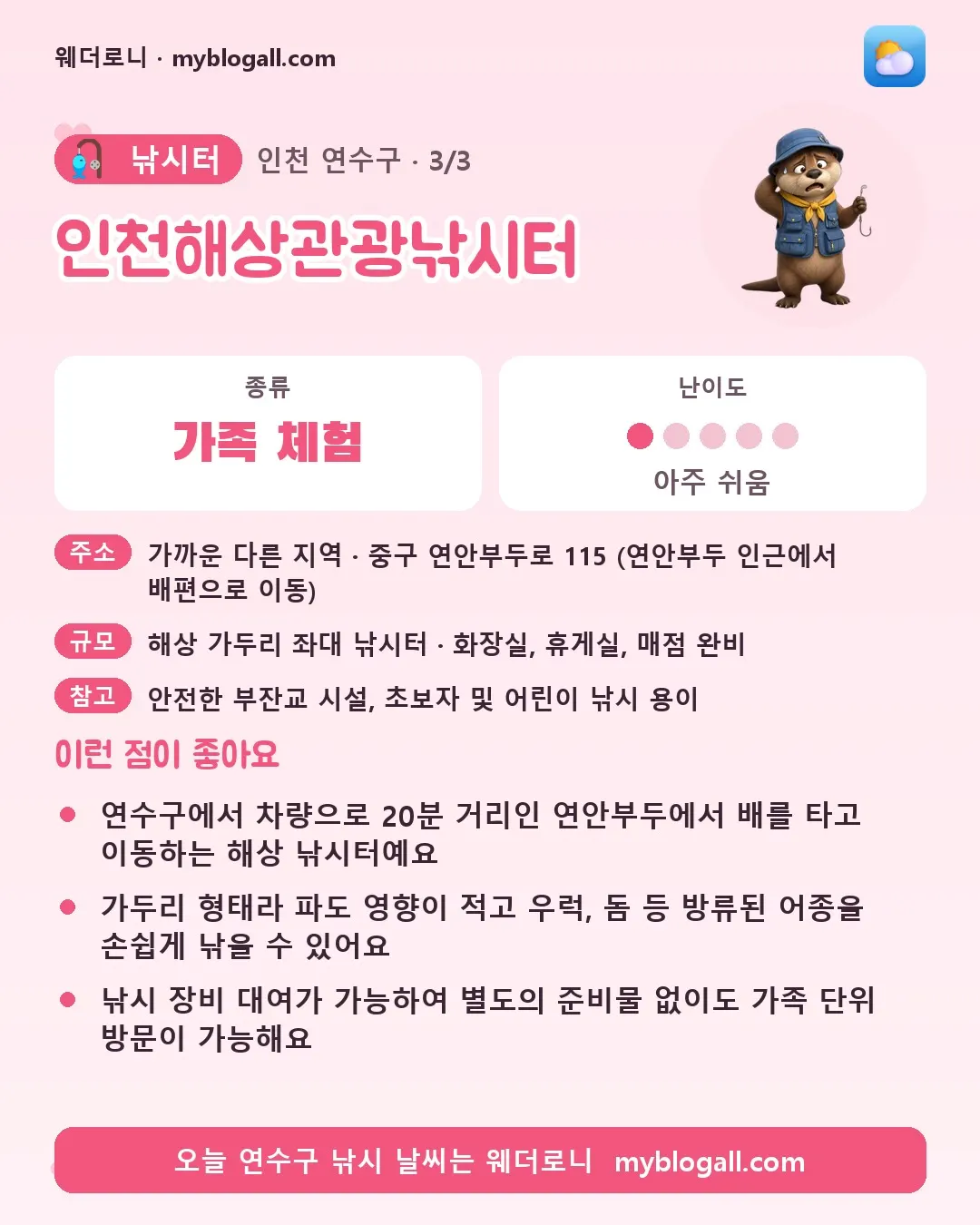 연수구 낚시터 · 인천해상관광낚시터 — 가족·체험 · 난이도 1/5 — 연수구에서 차량으로 20분 거리인 연안부두에서 배를 타고 이동하는 해상 낚시터예요 — 가두리 형태라 파도 영향이 적고 우럭, 돔 등 방류된 어종을 손쉽게 낚을 수 있어요